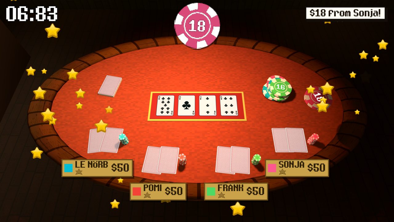 Bargain Poker in action: four players around a 3D poker table as a bid of 18 chips lands on the lot