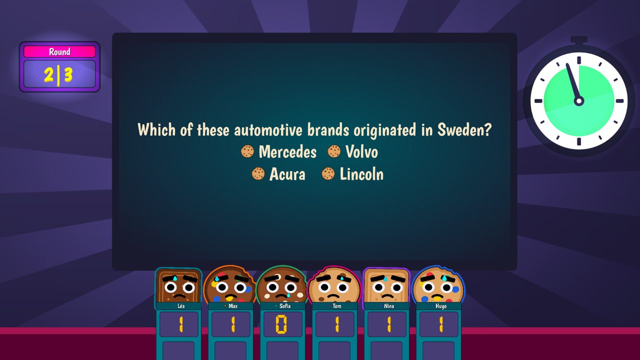 Who is a Smart Cookie? in action: a trivia question on the big screen while six cookie contestants sweat over their answers